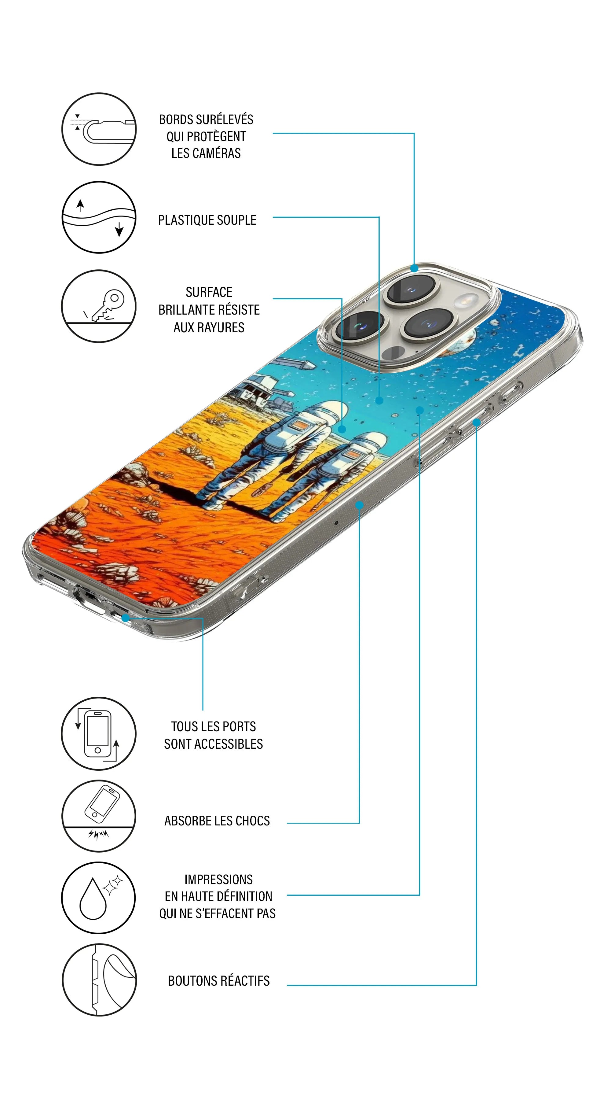 Coque motif espace astronaute bleu orange