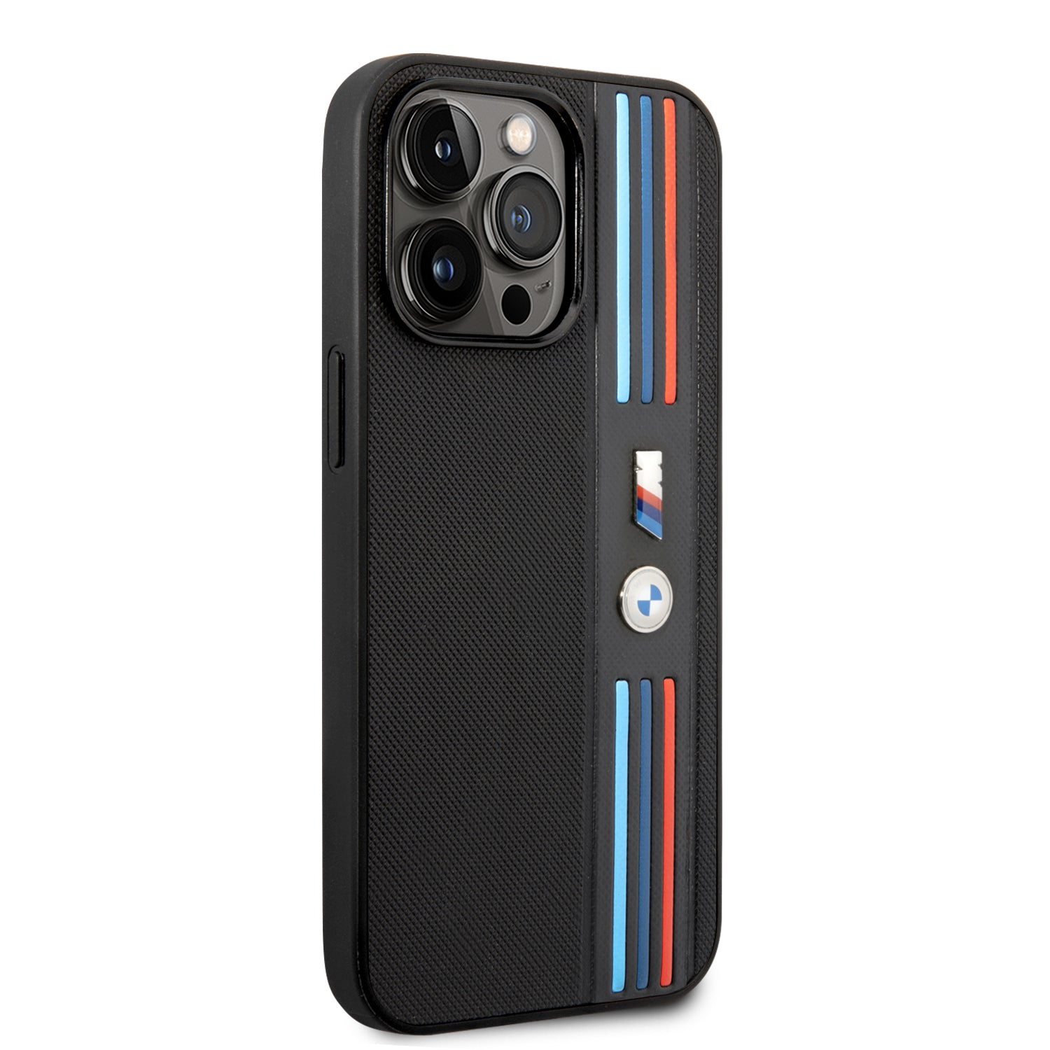 Coque iPhone 14 Pro BMW bande tricolore vue droite