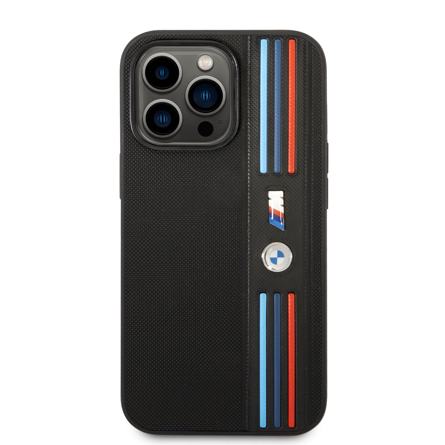 Coque iPhone 14 Pro BMW bande tricolore vue face