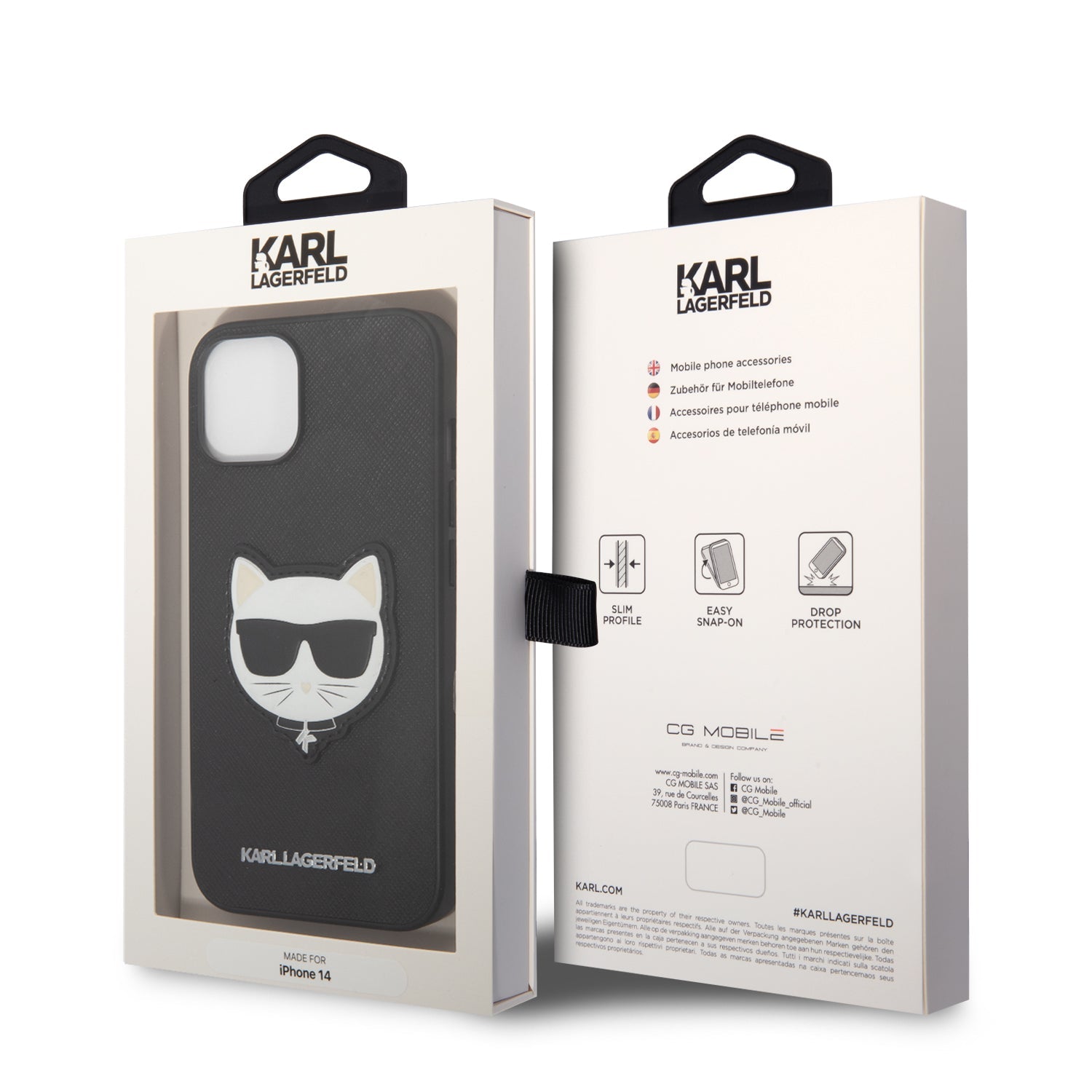 Coque iPhone 14 Karl Lagerfeld tête de Choupette