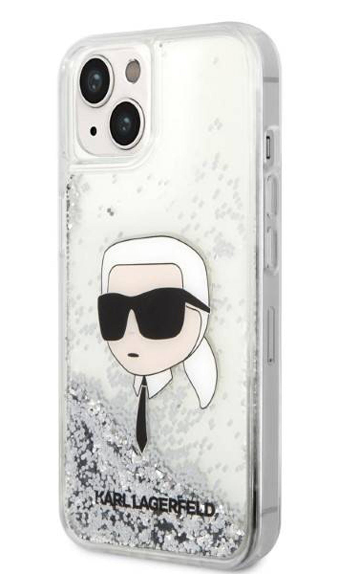 Coque iPhone 14 Karl Lagerfeld paillettes inclinée 