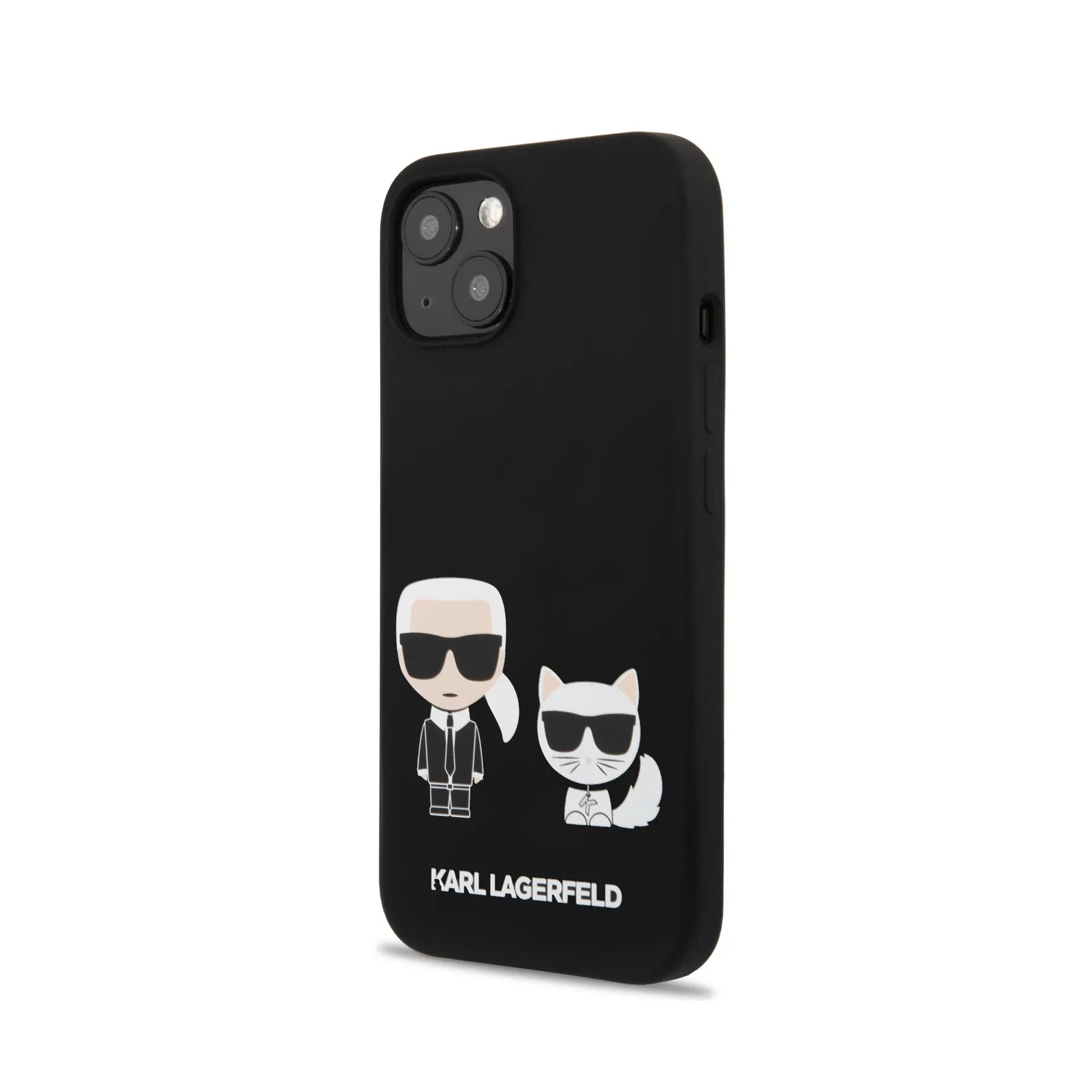 Coque iPhone 13 Karl Lagerfeld Karl et Choupette inclinée 