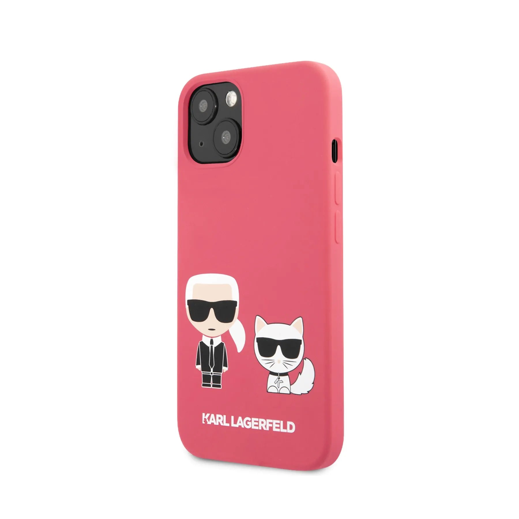 Coque iPhone 13 Karl Lagerfeld Karl et Choupette inclinée 